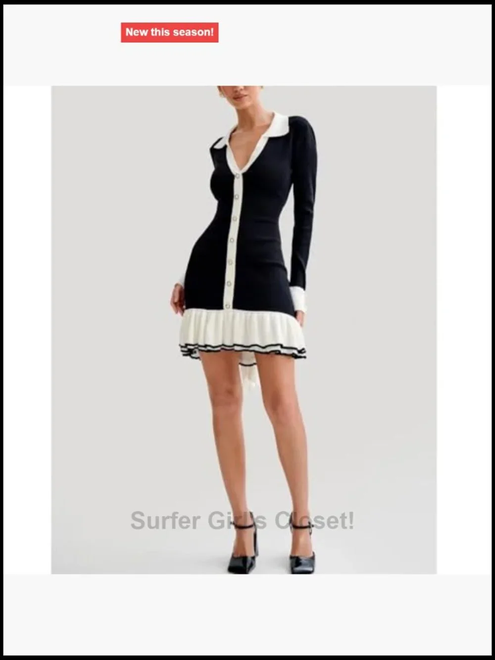 Long Sleeve Ruffle Hem Knit Sweater Dress Collared Back Tie Mini Bodycon Dress